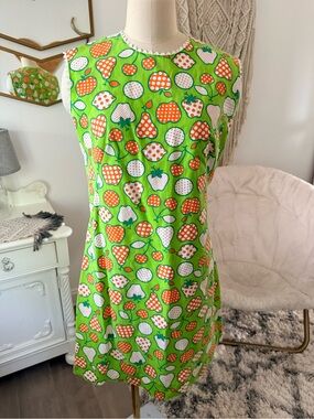 Vintage handmade one of a kind green Fruit-Print Midi Dress